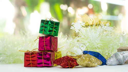 Close-up of christmas decorations on table