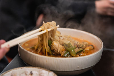 Close-up of noodle soup in bowl