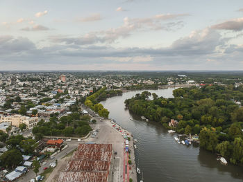 High angle view of river amidst buildings in city