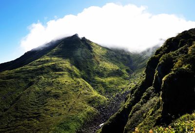 Scenic view of mountain range against cloudy sky