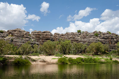 Scenic view of river by rock formation against sky