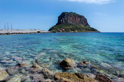 Scenic view of sea against clear blue sky