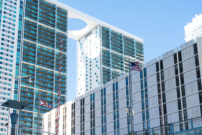 Walking among the skyscrapers in downtown miami during a sunny day