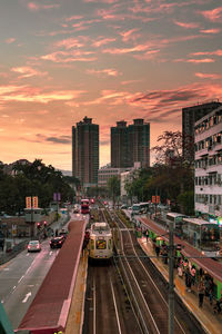 High angle view of traffic on road at sunset