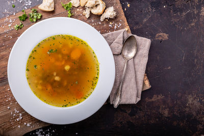 High angle view of soup in bowl on table