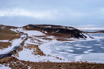 Scenic view of snow covered land against sky