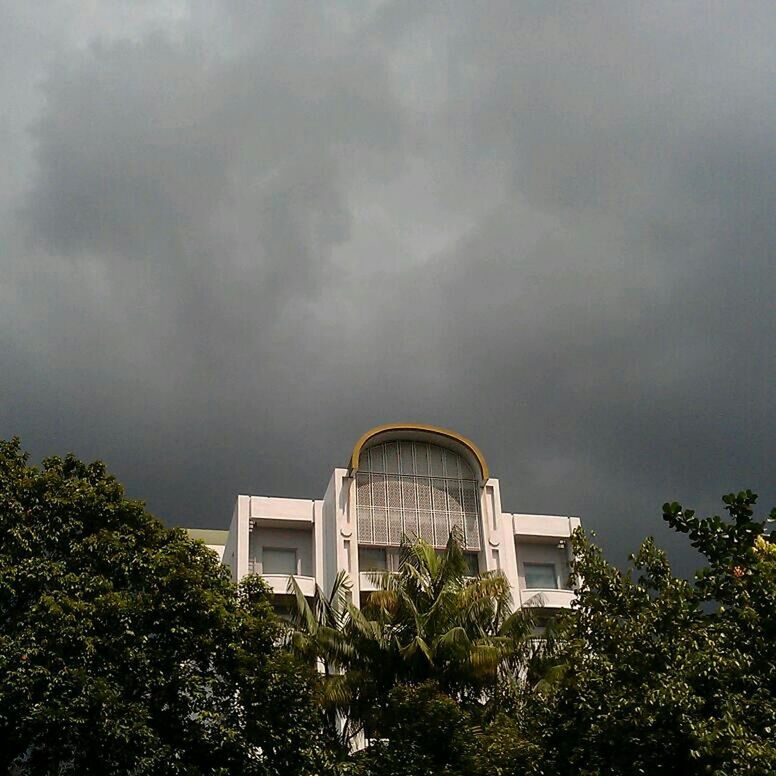 sky, architecture, built structure, cloud - sky, cloudy, tree, building exterior, overcast, low angle view, weather, growth, cloud, storm cloud, plant, nature, house, outdoors, green color, no people, day