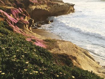 High angle view of rock formations by sea