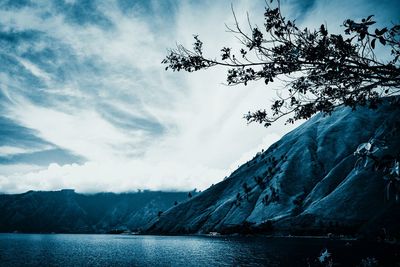 Scenic view of lake by mountains against sky