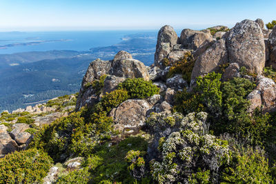 Scenic view of mountains and sea against blue sky