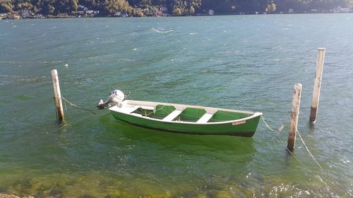 High angle view of boat moored in sea