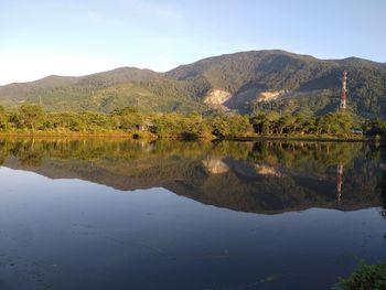 Scenic view of lake and mountains against sky