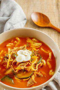 High angle view of soup in bowl