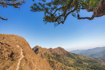 Scenic view of mountains against clear blue sky