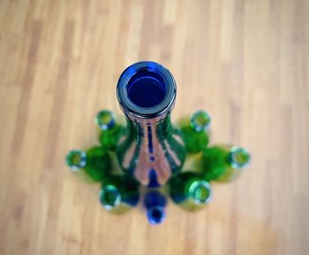 High angle view of bottle on table