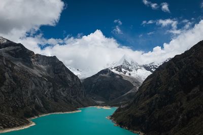 Scenic view of lake and mountains against sky