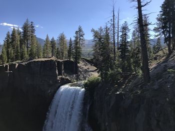 Scenic view of waterfall in forest against sky