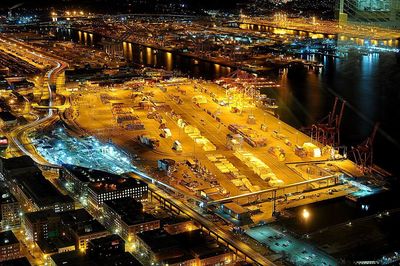 High angle view of city at night