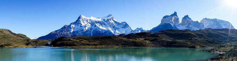 Scenic view of lake and mountains against clear blue sky