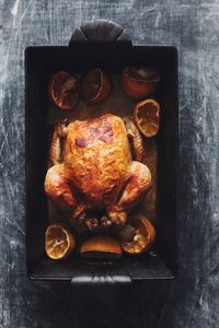 Close-up high angle view of roasted chicken