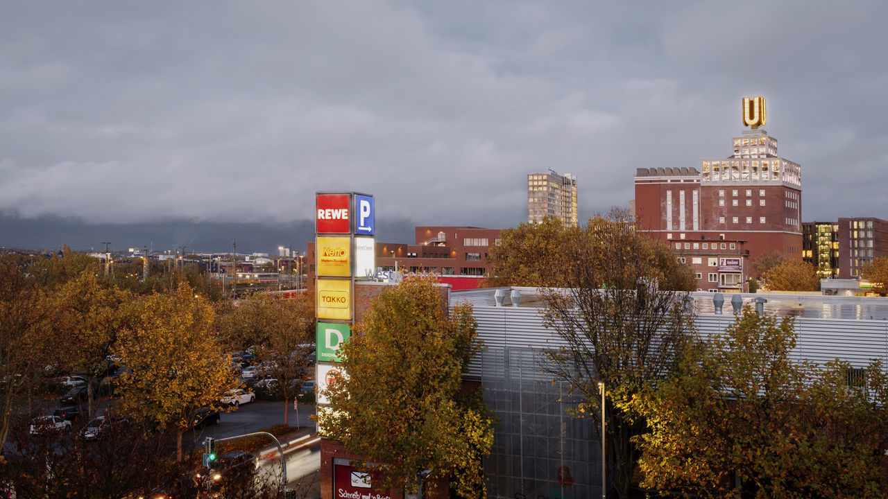 HIGH ANGLE VIEW OF TREES AND BUILDINGS IN CITY