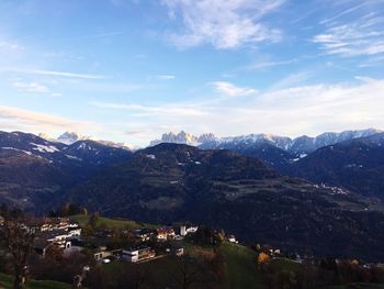Houses by mountains against sky