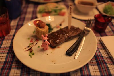 High angle view of breakfast in plate on table