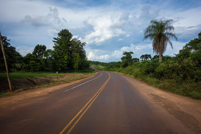 Empty road along trees and plants against sky