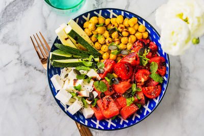 High angle view of fruits in bowl on table