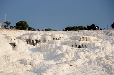 Scenic view of landscape against clear sky during winter