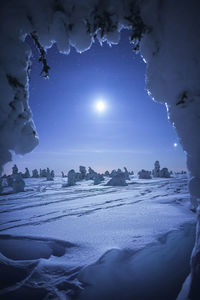 Scenic view of snow covered landscape against sky at night