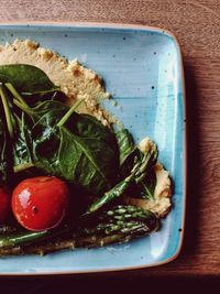 High angle view of food in plate on table