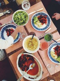 High angle view of food served on table