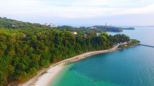 High angle view of trees by sea against sky