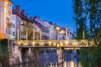 Bridge over river in city at night