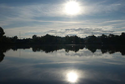 Reflection of trees in water at sunset