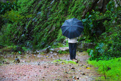 Rear view of a person walking in rain