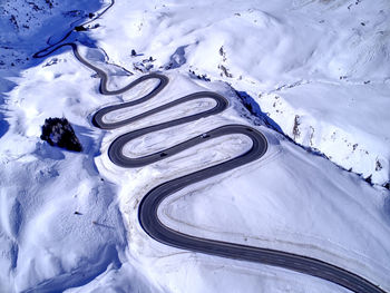 High angle view of snow covered field