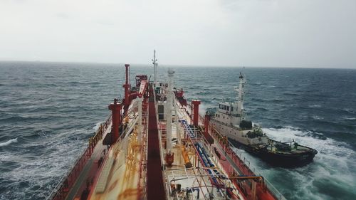 High angle view of ship by sea against sky