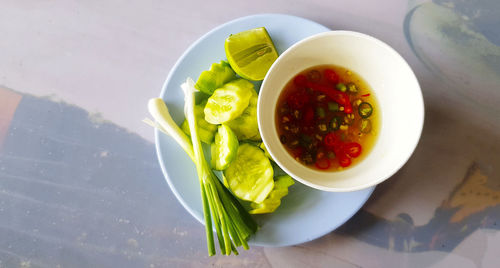 High angle view of meal served on table