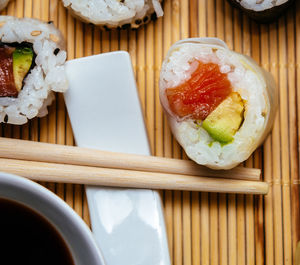 Close-up of sushi served on table