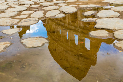 Reflection of sky in puddle