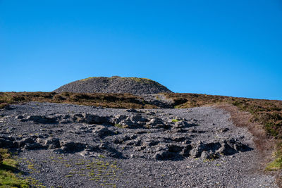 Scenic view of rocks against clear blue sky