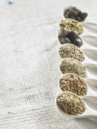 High angle view of spices in spoons on table