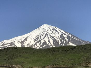 Scenic view of snowcapped mountain against clear blue sky