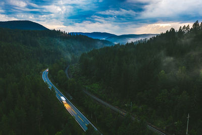 High angle view of train against sky