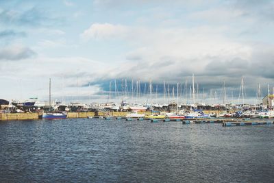 Sailboats moored at harbor against sky