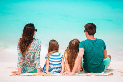 Rear view of friends sitting on shore