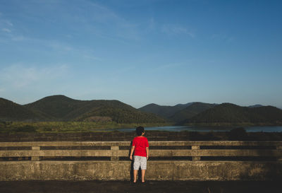 Rear view of boy looking at landscape against sky