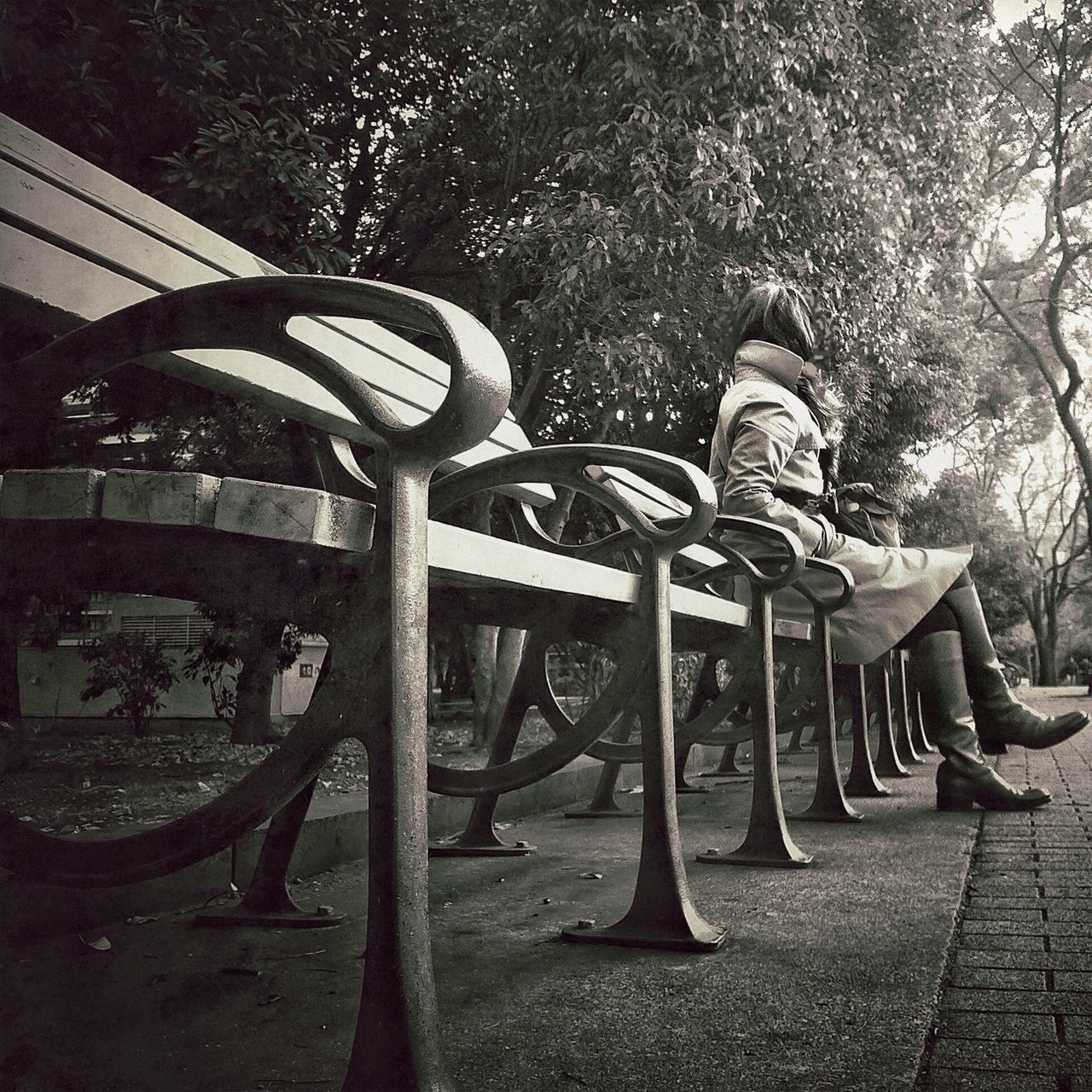 day, wood - material, outdoors, bench, tree, sunlight, empty, sidewalk, absence, shadow, metal, shoe, seat, chair, wooden, railing, cobblestone, no people, street, art and craft